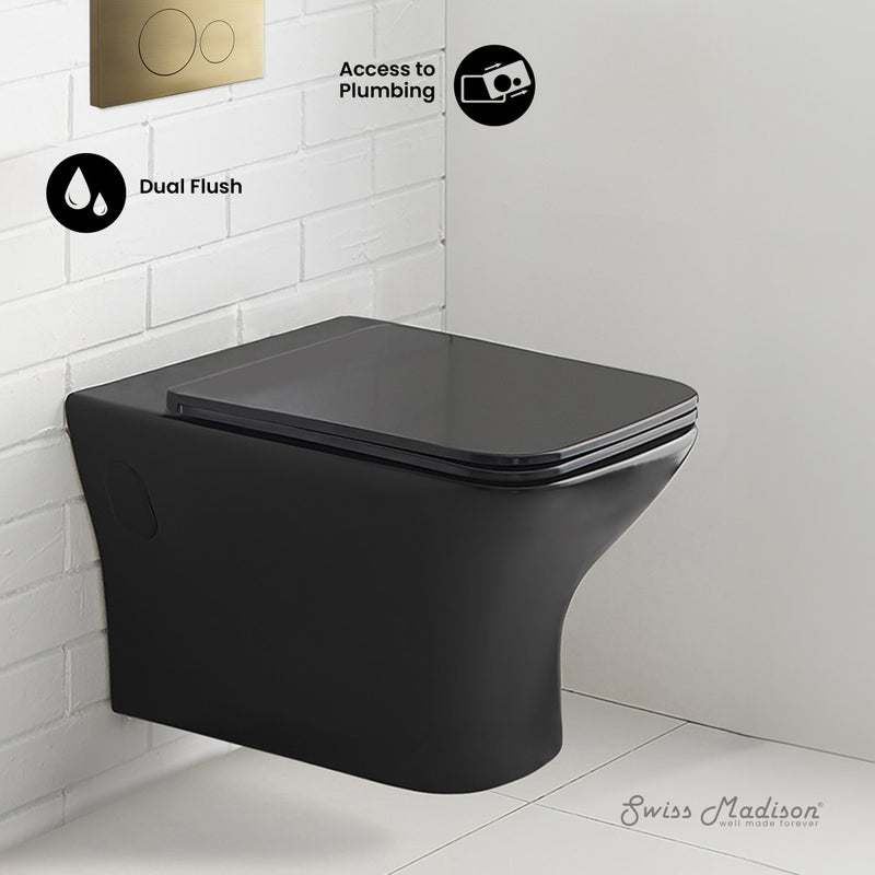 Carre Wall-Hung Toilet Bundle 0.8/1.6 GPF Dual Flush in Matte Black with Brass Flush Plate