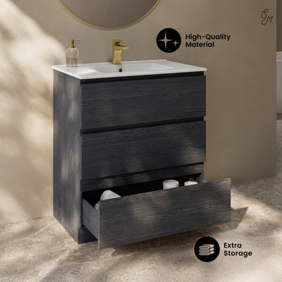 Liberte 30" Freestanding Bathroom Vanity in Black Oak with Sink Top