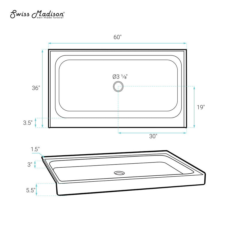 Voltaire 60" x 36" Acrylic White, Single-Threshold, Center Drain, Shower Base