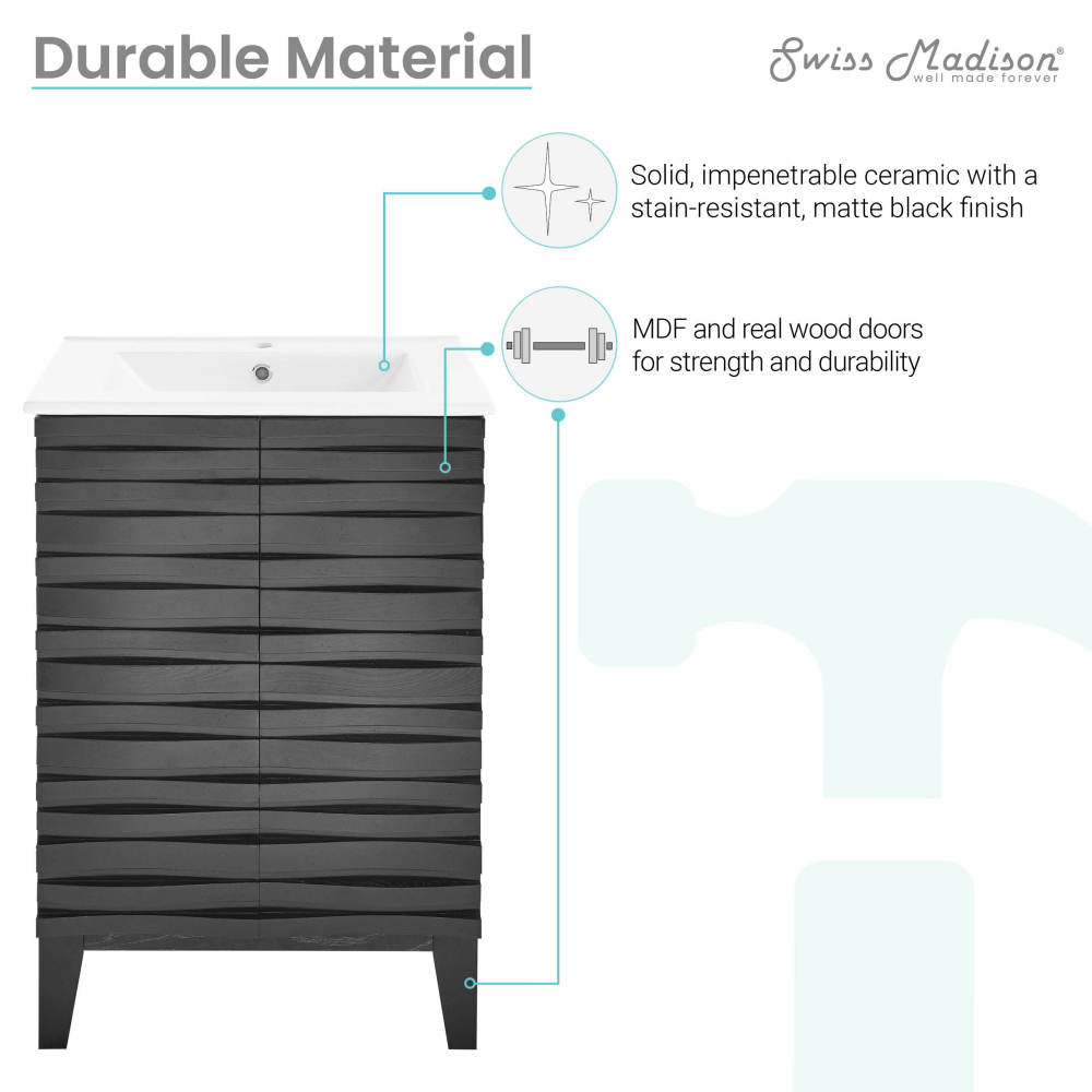24-inch freestanding bathroom vanity in black with soft-close doors and slatted wood design.