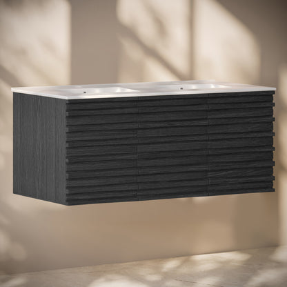 Cascade 48" Wall-Mounted Bathroom Vanity in Black Oak with Double Basin Sink Top