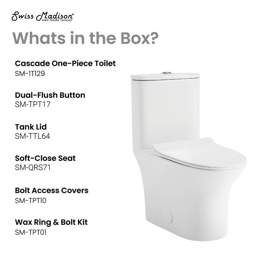 Elongated one-piece toilet in white with dual flush and soft-close seat.