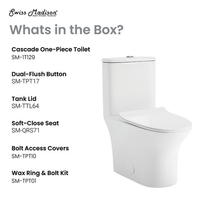 Elongated one-piece toilet in white with dual flush and soft-close seat.