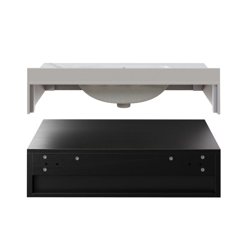 Avancer 36" Wall-Mounted Bathroom Vanity in Black Oak with White Marble Sink Top