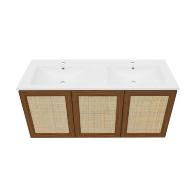 Classe 48" Wall-Mounted Bathroom Vanity in Brown Oak with Double Basin Sink Top