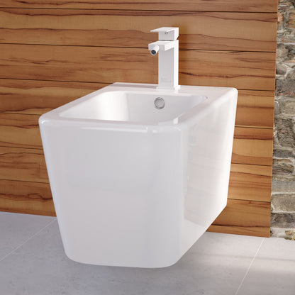 Single-handle bidet faucet in matte white with sleek rectangular spout and lever handle.