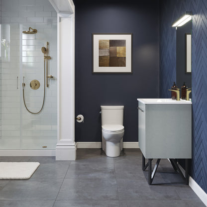 24-inch freestanding gray bathroom vanity with single sink and black metal legs.