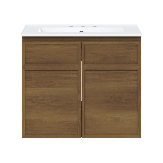 St. Tropez 24" Wall-Mounted Bathroom Vanity in Brown Oak with 3-Hole Centerset Sink Top