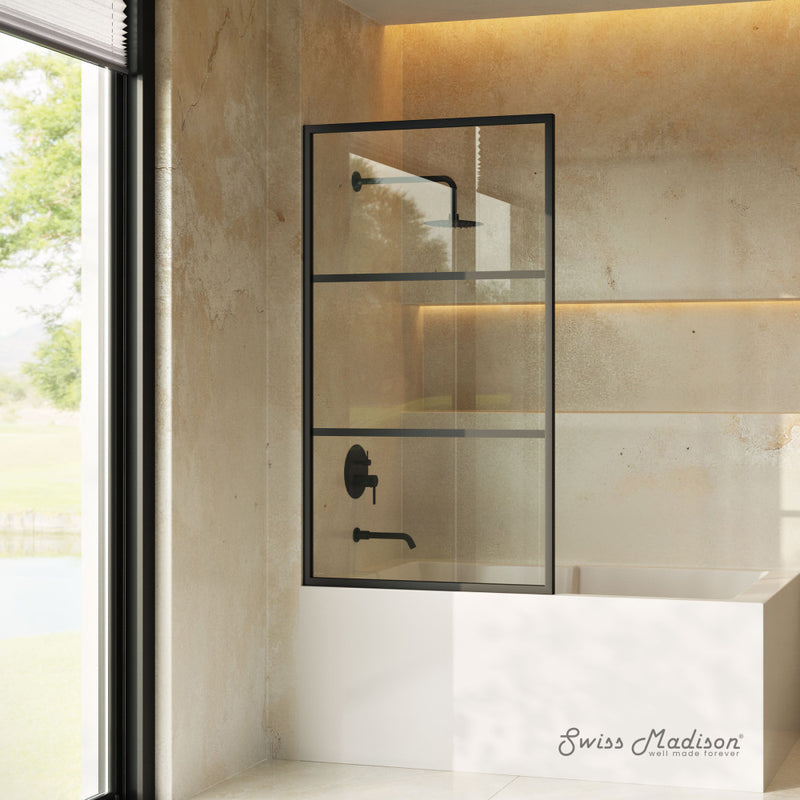 Claire 34 x 58 Framed Fixed 3/8 in. (10mm) Clear Tempered Glass Tub Door with Black Matte Frame