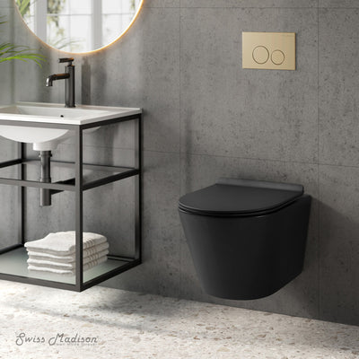 Calice Wall-Hung Toilet Bundle 0.8/1.6 GPF Dual Flush in Matte Black with Brass Flush Plate