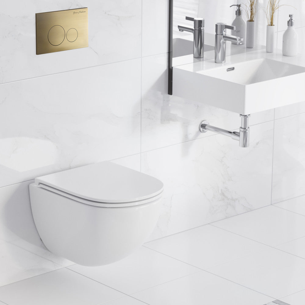 St. Tropez Wall-Hung Toilet Bundle 0.8/1.6 GPF Dual Flush in Glossy White with Brass Flush Plate