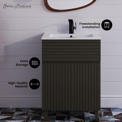 24-inch freestanding bathroom vanity in cedar gray with single sink and soft-close doors.