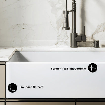 Elegance 36" x 20" Single Basin Fireclay Farmhouse Kitchen Sink in Glossy White with Stainless Steel Grid