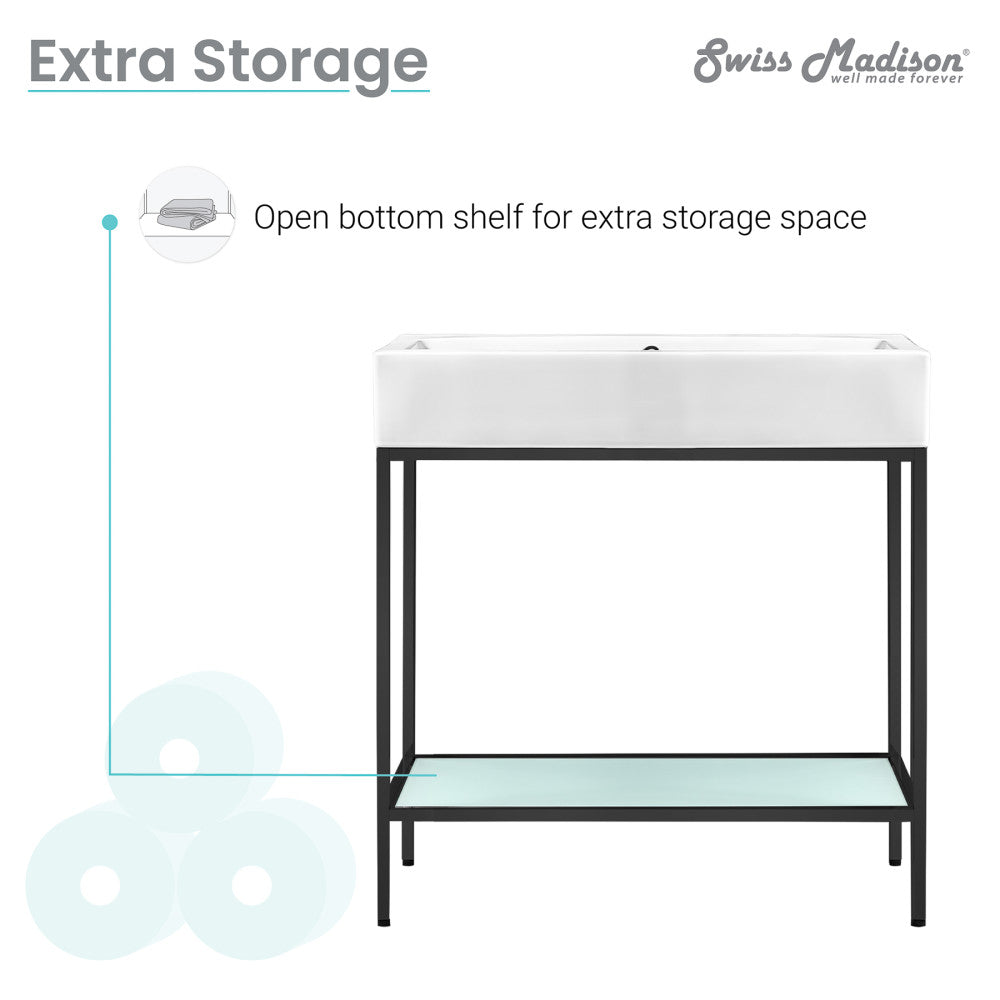 32-inch freestanding bathroom vanity with black metal frame, open bottom shelf, and white sink top.
