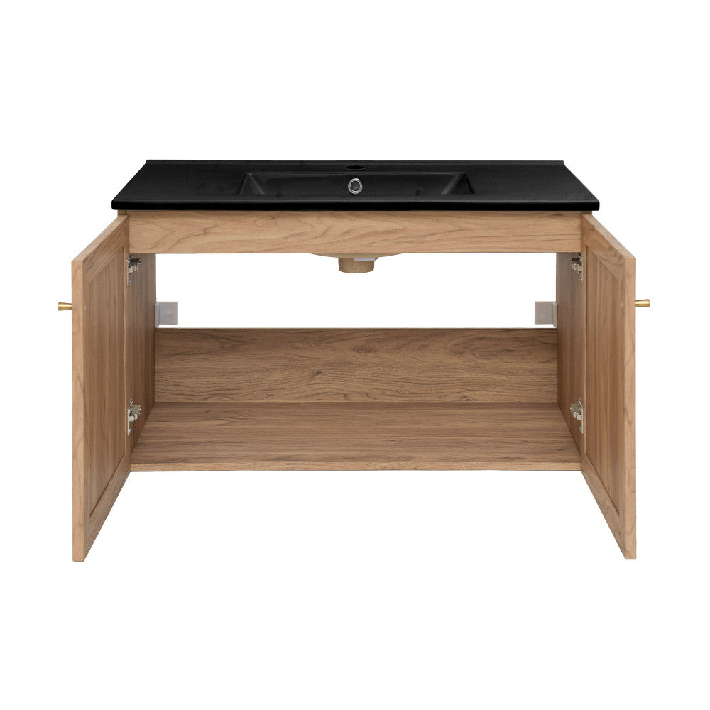 Classe 36 in. Brown Oak Wall Hung Bathroom Vanity With Black Ceramic Sink Top