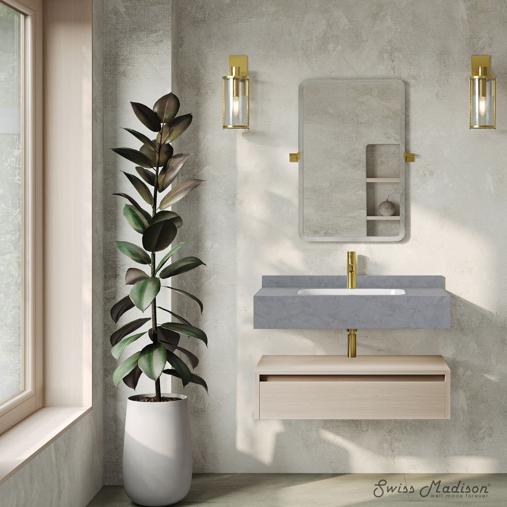 Avancer 36" Wall-Mounted Bathroom Vanity in White Oak with Charcoal Gray Sink Top