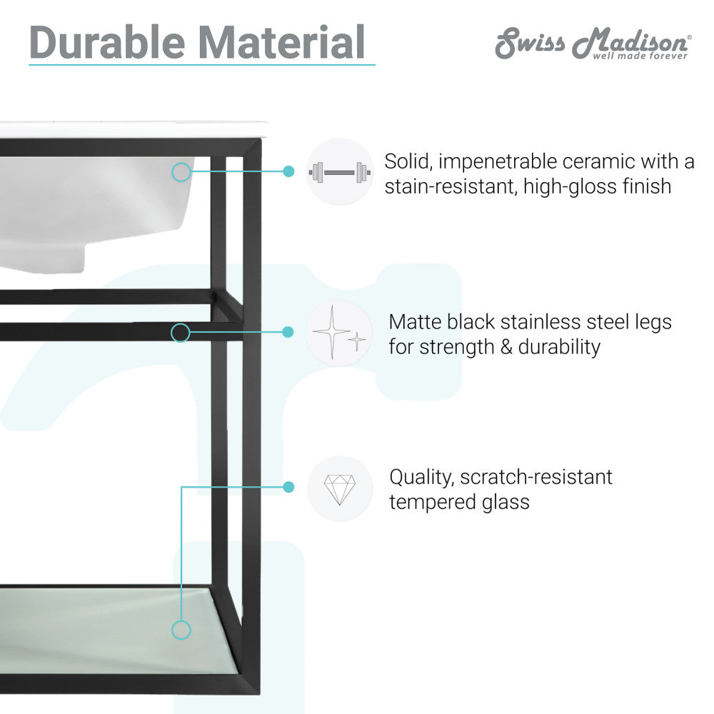 30-inch wall-mount bathroom vanity with matte black metal frame and open tempered glass shelf.