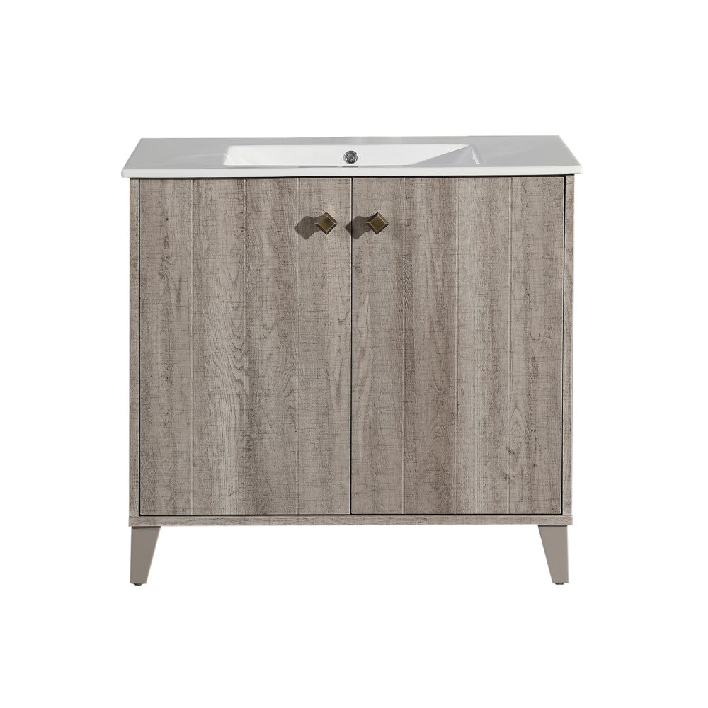 36-inch freestanding bathroom vanity in gray oak with single sink and two-door cabinet.