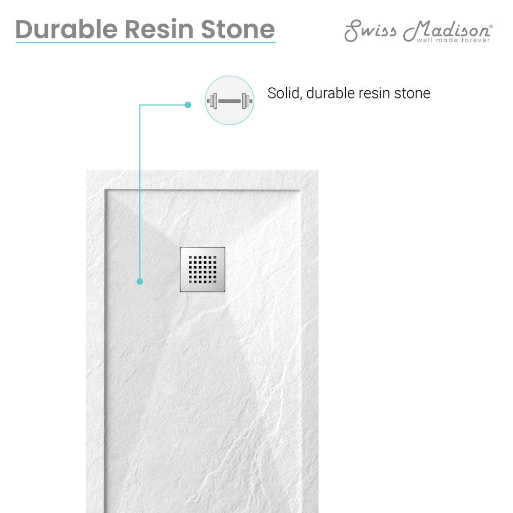 60" x 32" rectangular shower base in white resin stone with reversible center drain and textured surface.