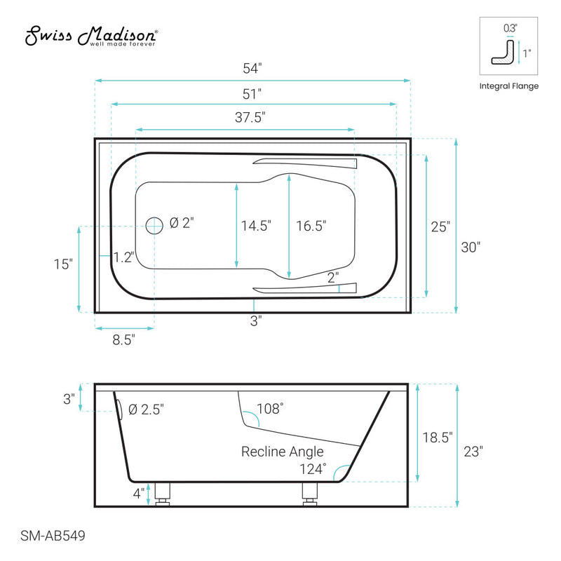 Voltaire 54 x 30 Skirted Left Drain Soaking Alcove Bathtub in Glossy White with Integrated Armrest