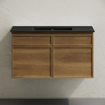 St. Tropez 36" Wall-Mounted Bathroom Vanity in Brown Oak with Black Sink Top