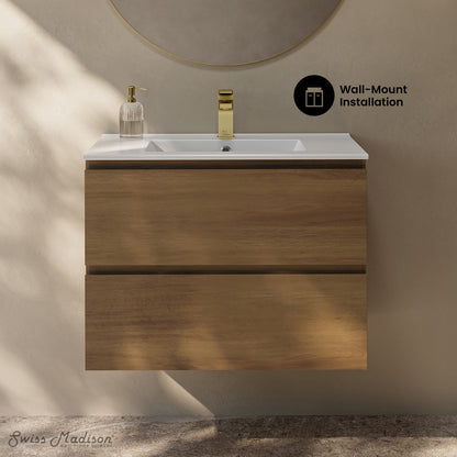 Liberte 30" Wall-Mounted Bathroom Vanity in Brown Oak with Sink Top