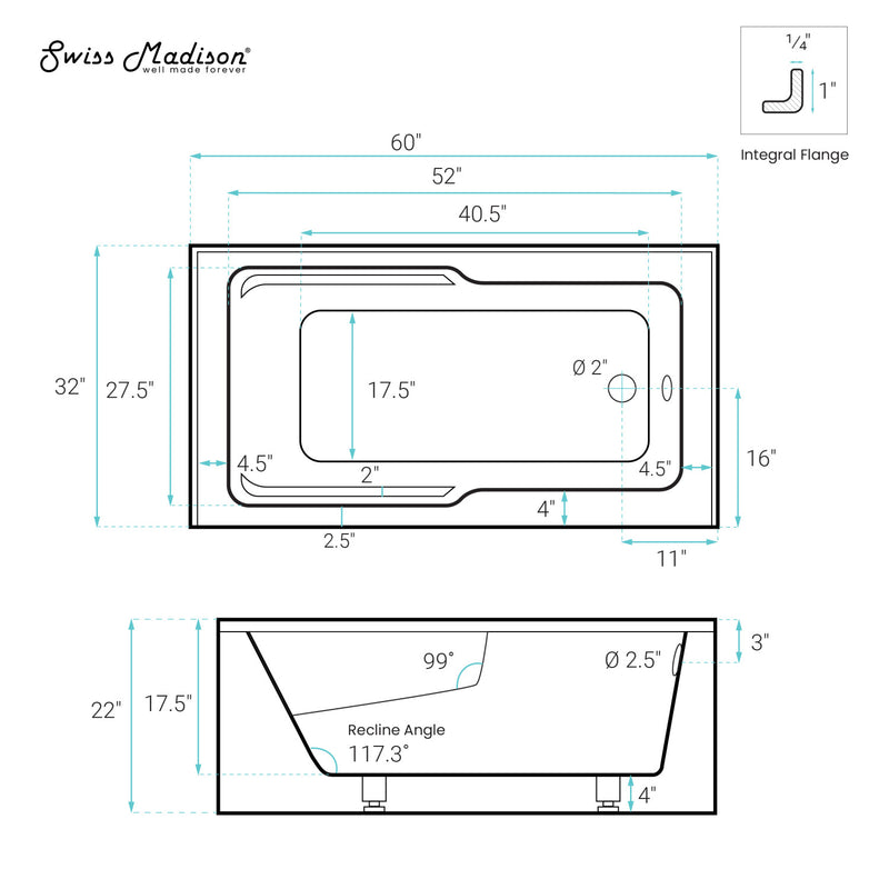 Claire 60" x 32" Right-Hand Drain Drain Alcove Tub with Corner Apron