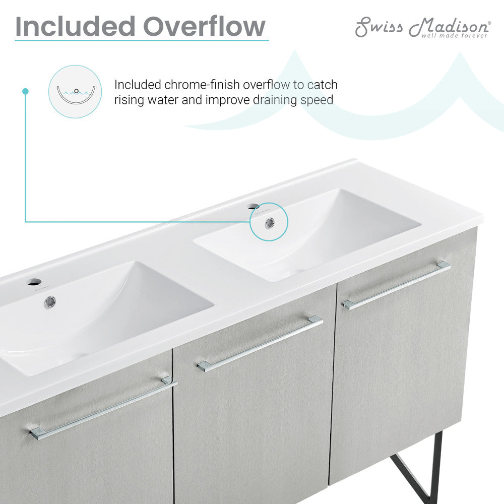 60-inch freestanding gray bathroom vanity with double sink, chrome overflow, and soft-close doors.