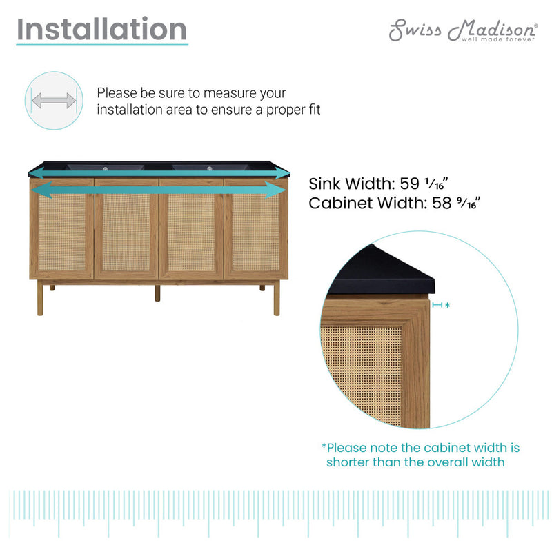 Classe 60" Freestanding Bathroom Vanity in Golden Oak with Black Double Basin Sink Top