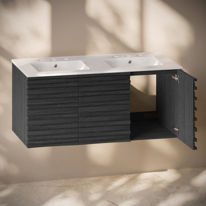 Cascade 48" Wall-Mounted Bathroom Vanity in Black Oak with 3-Hole Widespread Double Basin Sink Top