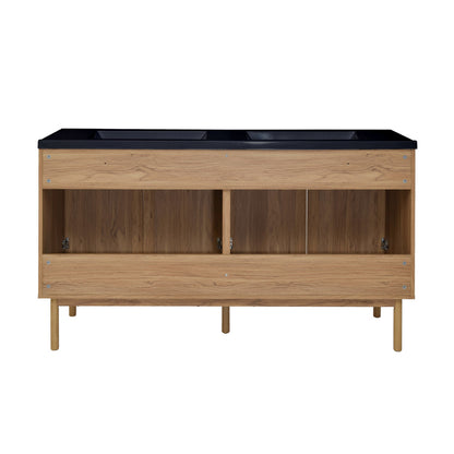 Classe 60" Freestanding Bathroom Vanity in Golden Oak with Black 3-Hole Widespread Double Basin Sink Top