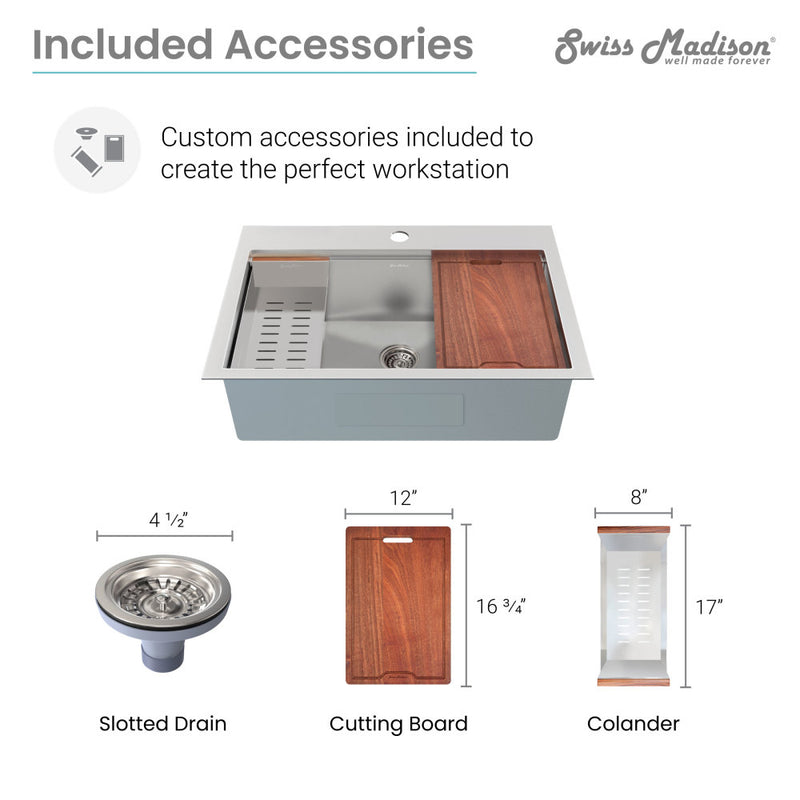 Ravi Single Basin 33 x 22 Topmount Kitchen Workstation Sink