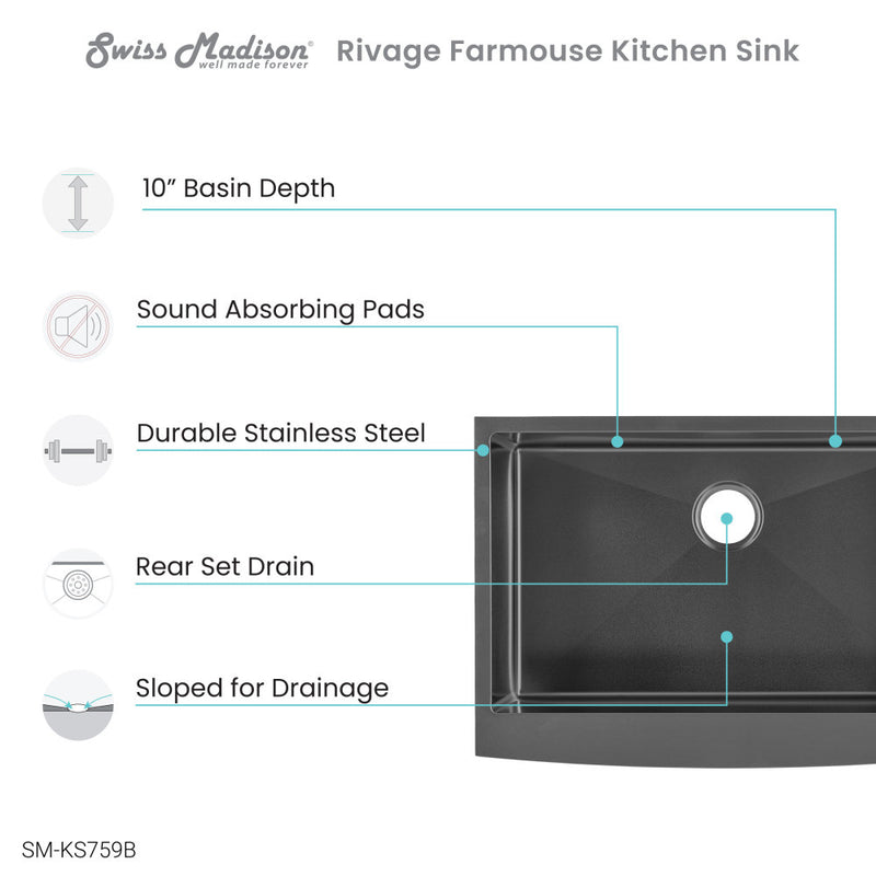 Rivage 30 x 21 Stainless Steel, Single Basin, Farmhouse Kitchen Sink with Apron in Black