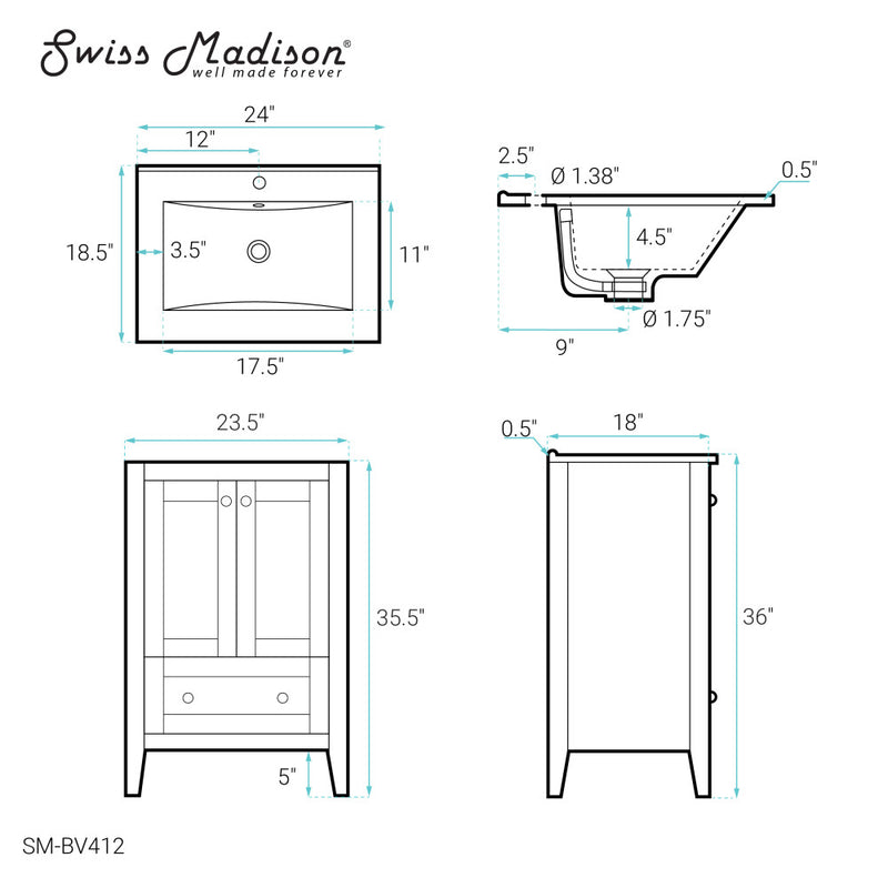 Cannes 24" Freestanding Bathroom Vanity in White with Sink Top