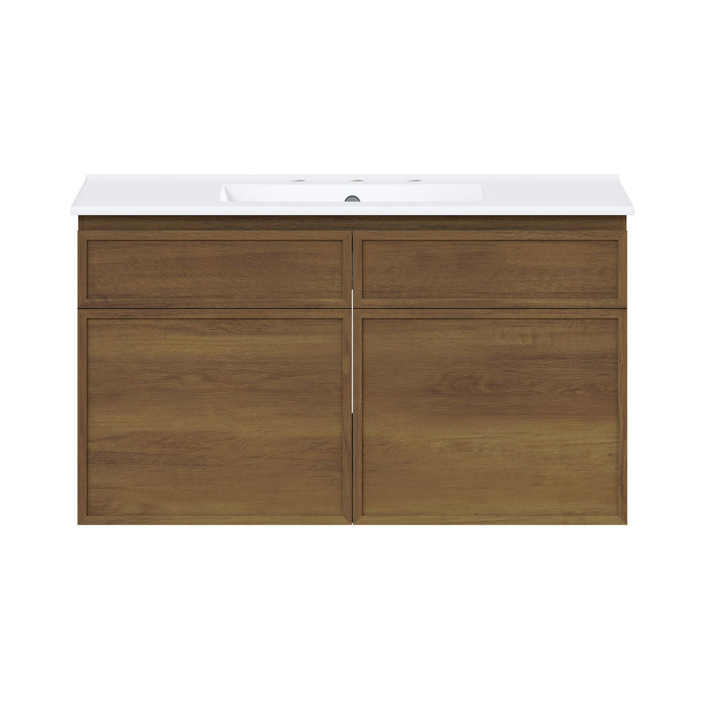 St. Tropez 36" Wall-Mounted Bathroom Vanity in Brown Oak with 3-Hole Widespread Sink Top