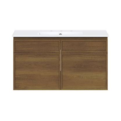 St. Tropez 36" Wall-Mounted Bathroom Vanity in Brown Oak with 3-Hole Widespread Sink Top
