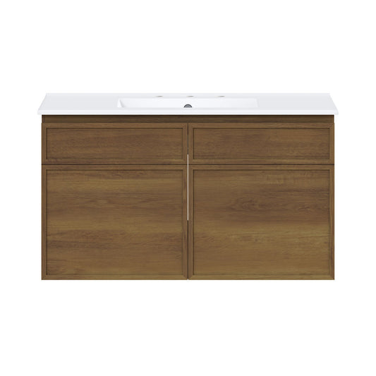 St. Tropez 36" Wall-Mounted Bathroom Vanity in Brown Oak with 3-Hole Widespread Sink Top