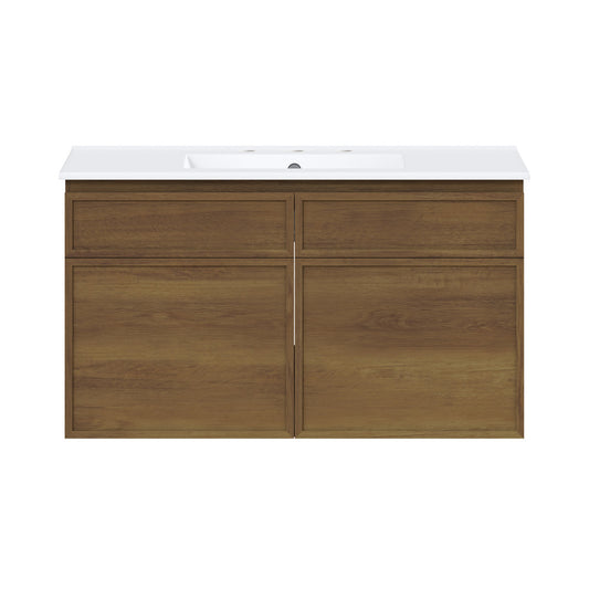 St. Tropez 36" Wall-Mounted Bathroom Vanity in Brown Oak with 3-Hole Widespread Sink Top