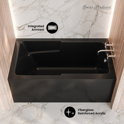 Voltaire 54 x 30 Skirted Right Drain Soaking Alcove Bathtub in Glossy Black with Integrated Armrest