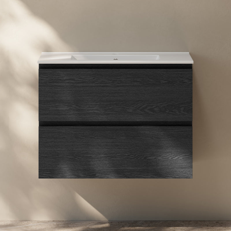 Liberte 30" Wall-Mounted Bathroom Vanity in Black Oak with Sink Top