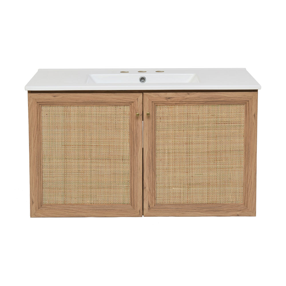 Classe 36 in. Brown Oak Wall Hung Bathroom Vanity With White, 3-Hole Ceramic Sink Top