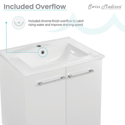 24-inch freestanding white bathroom vanity with sink top, soft-close doors, modern design.