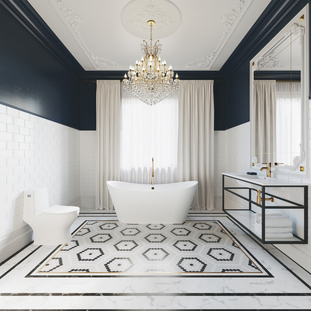 Elongated one-piece toilet with left side flush in white, compact design.