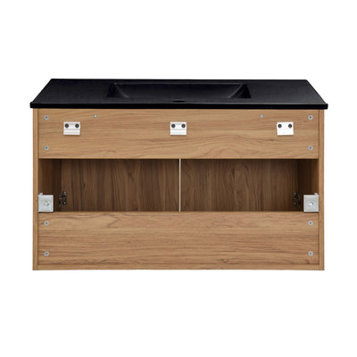 Classe 36 in. Brown Oak Wall Hung Bathroom Vanity With Black Ceramic Sink Top