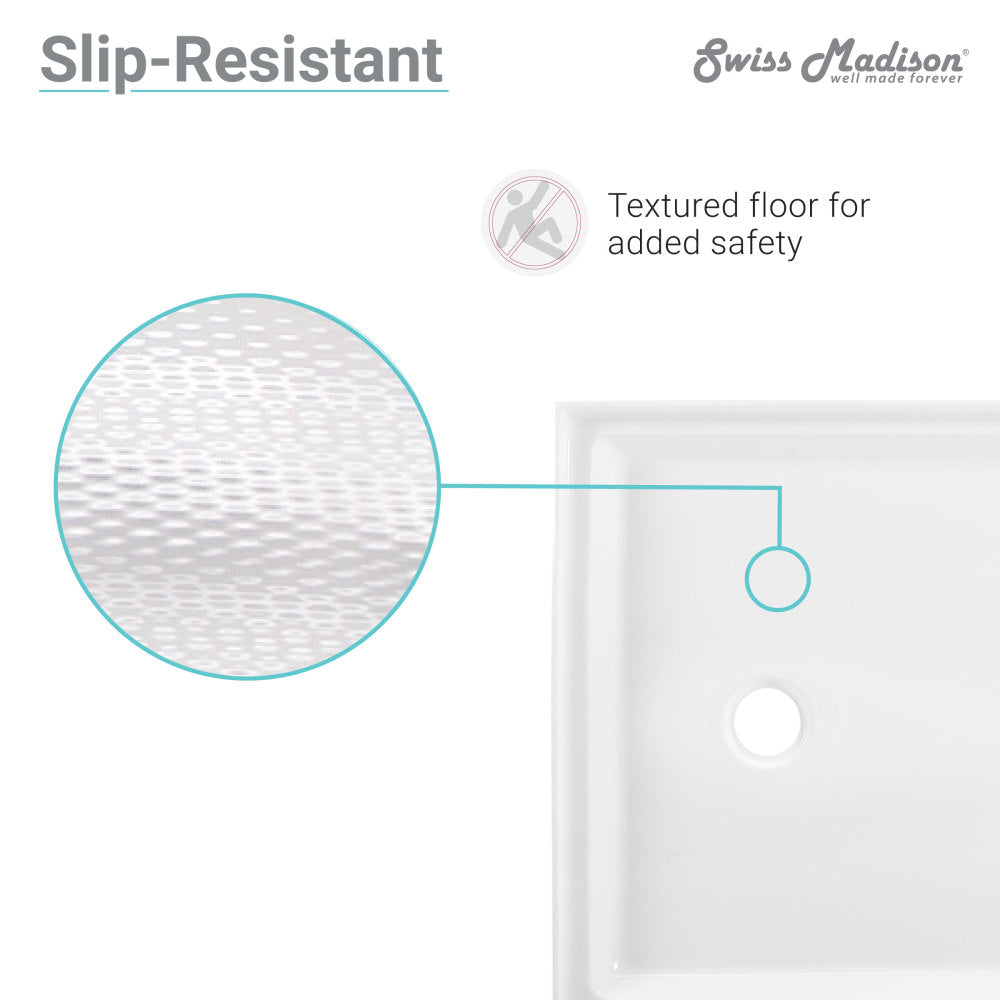 48" x 32" white acrylic shower base with single-threshold design and center drain, textured slip-resistant floor.
