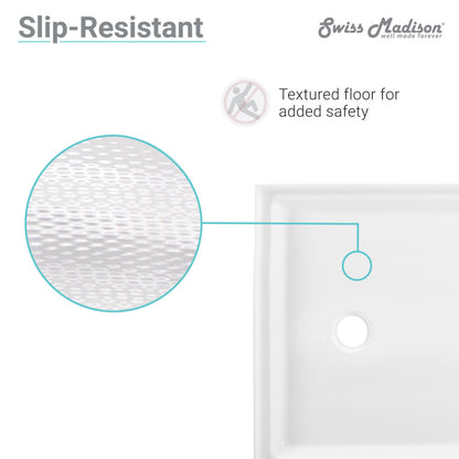 48" x 32" white acrylic shower base with single-threshold design and center drain, textured slip-resistant floor.