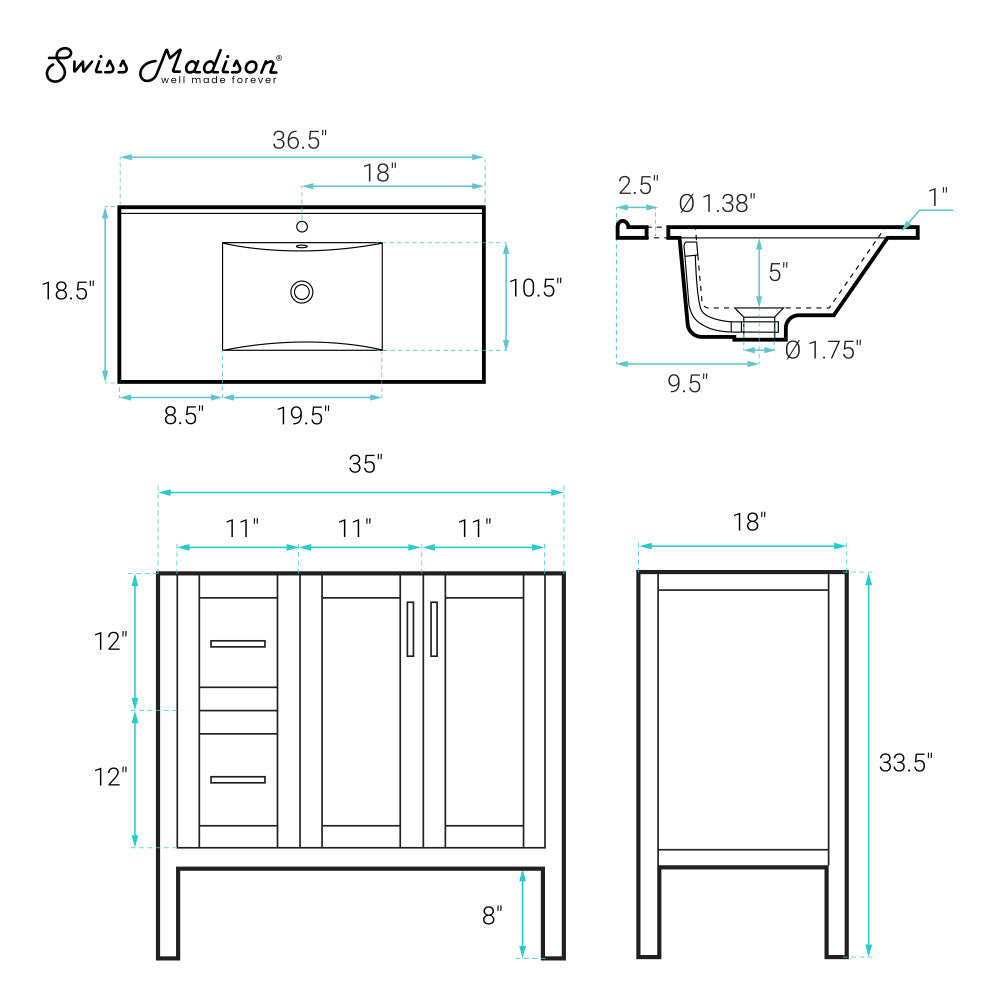Forme 36" Modular Freestanding Bathroom Vanity with Sink Top in White
