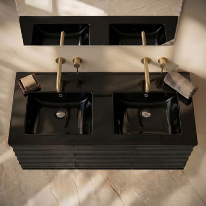 48" Zero Hole Double Basin Vanity Sink Top in Glossy Black