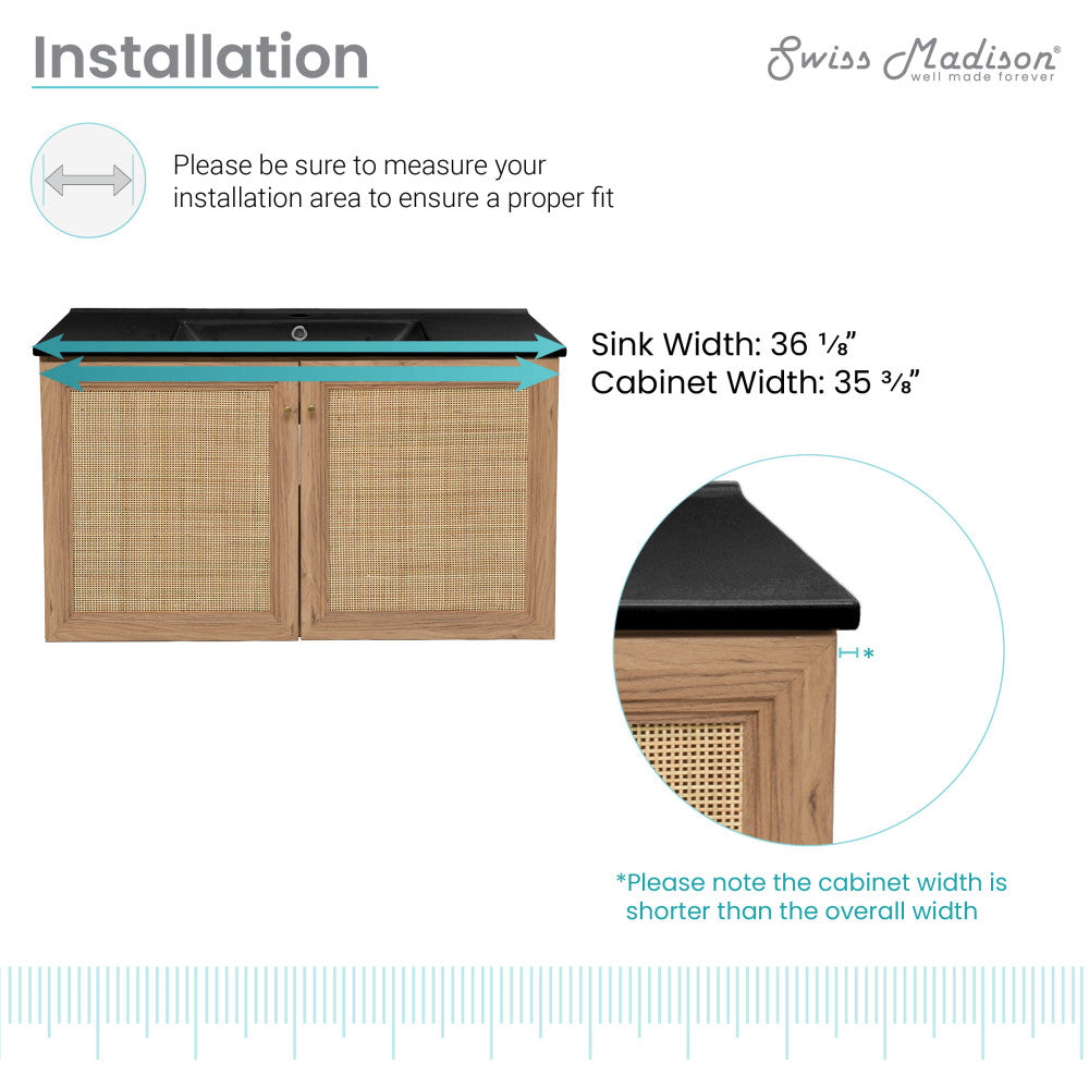 Classe 36 in. Brown Oak Wall Hung Bathroom Vanity With Black Ceramic Sink Top