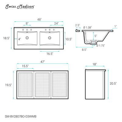 Classe 48" Wall-Mounted Bathroom Vanity in Brown Oak with Black 3-Hole Widespread Double Basin Sink Top